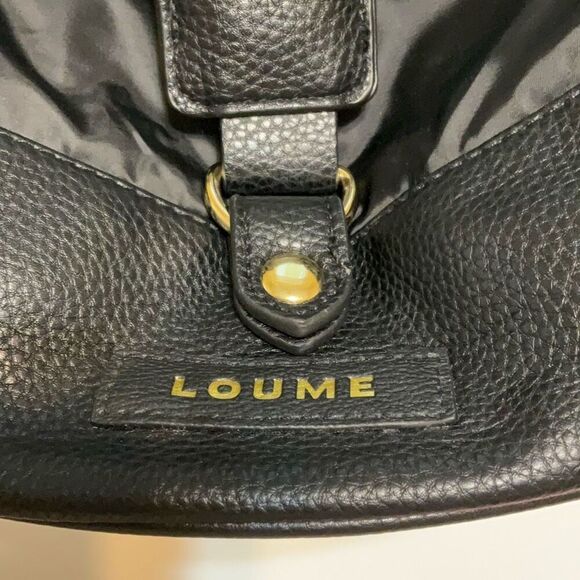 Loume Black Nylon and Vegan Leather Slouchy Backpack, Gold hardware - Picture 11 of 16